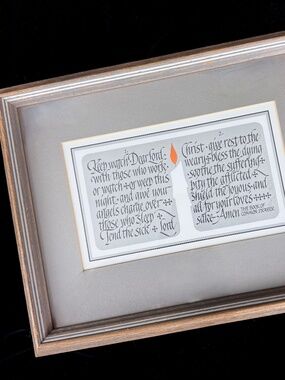 Wood Framed Common Prayer Art Signed by Michael Podesta Calligraphy with Candle